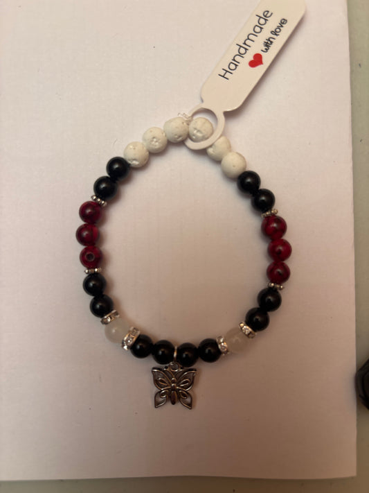 Butterfly - Black agate, red turquoise, white jade and lava stone - 6.5”
