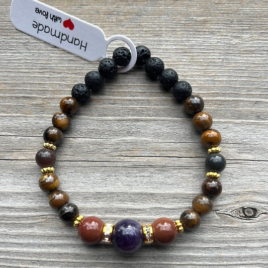 Amethyst, Mookite, Tiger Eye and Lava stone crystal bracelet-7”.