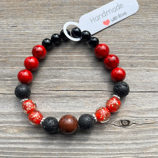 Mahogany Obsidian, Lava Stone, Glow in the dark Glass and Red Turquoise- 6.5”