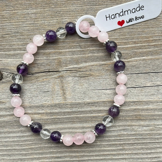 Amethyst, Rose Quartz and Clear Quartz crystal bracelet - 7.5