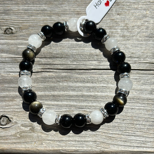 Obsidian and white Quartz crystal bracelet - 7.5”