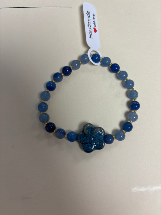 Blue aventurine crystal bracelet - 7” blue ceramic flower