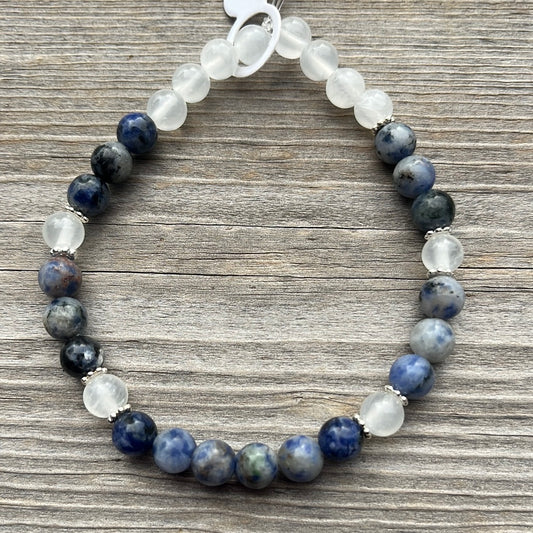 Sodalite and selenite crystal bracelet 7.5”.