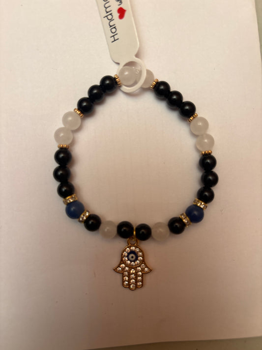 Black agate, jade & blue aventurine - hamsa hand -6.5”