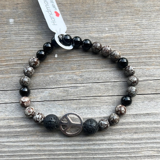 Obsidian Snowflake, Agate and Lava Stone Crystal bracelet - 7” peace sign