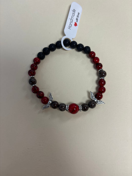 Red turquoise and obsidian snowflake crystal bracelet - 7” angel wings