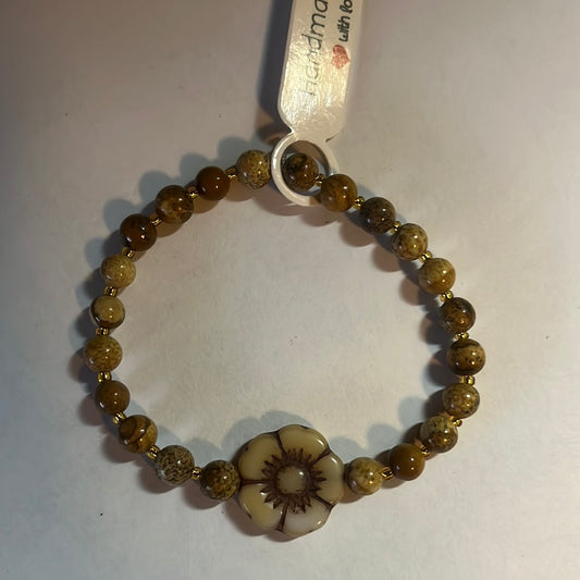 Picture Jasper crystal bracelet - 7”. Beige/brownish flower