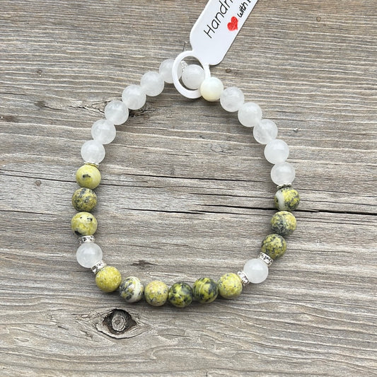 Grass turquoise and white jade crystal bracelet - 7”.