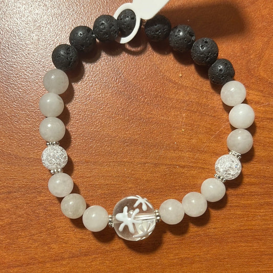 White quartz, crackle quart and lava stone crystal bracelet - 7.5” snowflake ball