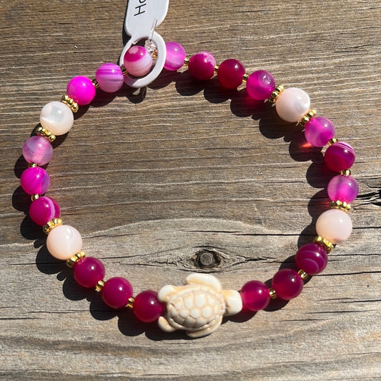 Agate, Mother of Pearl and Turquoise turtle crystal bracelet -7”. Turtle