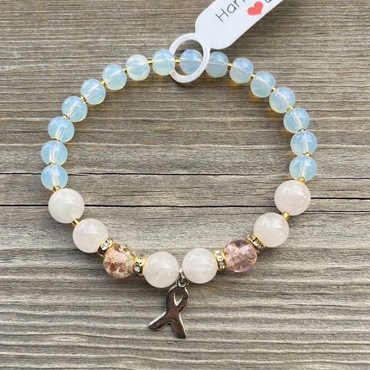 Rose Quartz, glow in the dark glass and Opalite crystal bracelet - 7” cancer