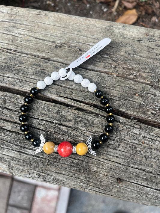 Quartzite, Mookaite, Agate and Lava Stone Crystal Bracelet - 7”. Angel wings
