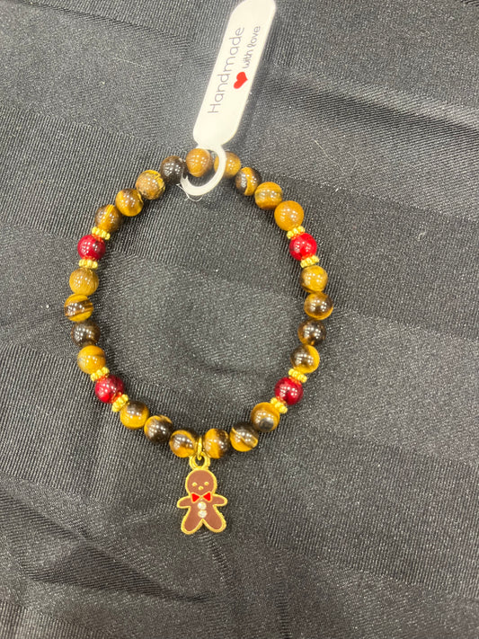 Tiger Eye and Red Quartz crystal christmas bracelet - 7.5” gingerbread man